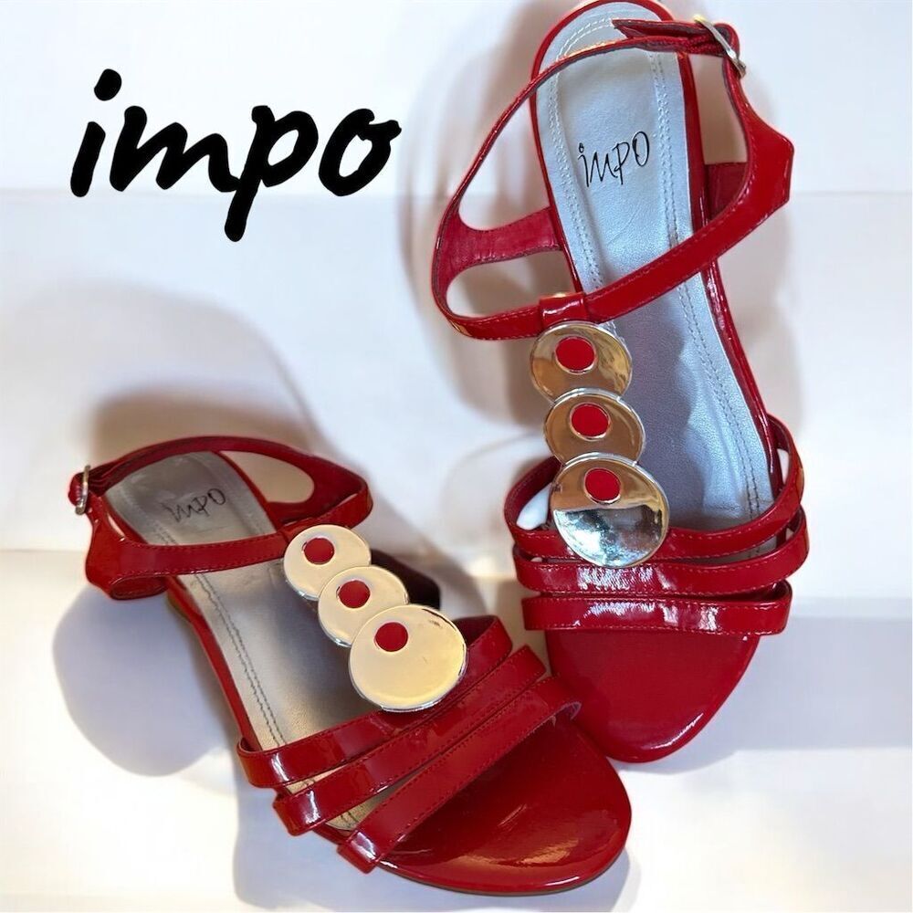 Impo Women's Red Shiny Faux Leather Wedge Sandals Size 8.5 Silver Medallions